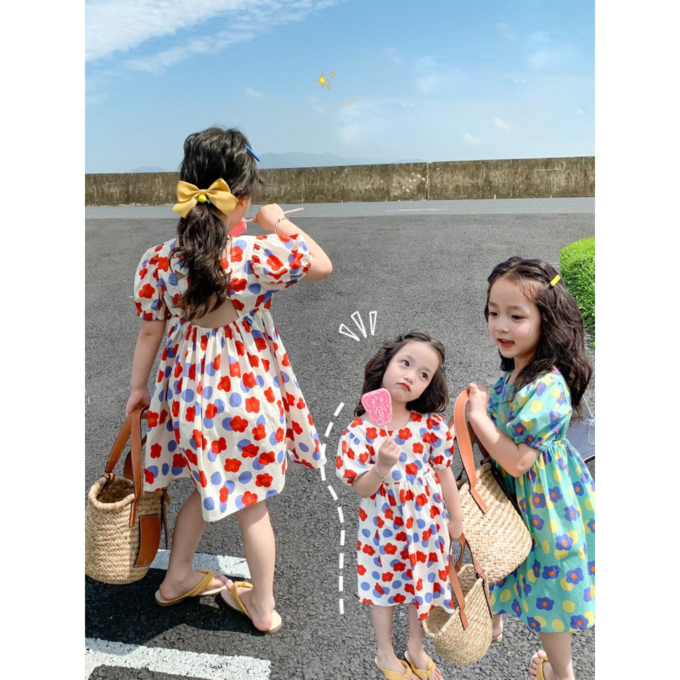 (13-24kg)Áo đầm hoa Quảng Châu cao cấp style khoét lưng cho bé gái(ảnh thật)