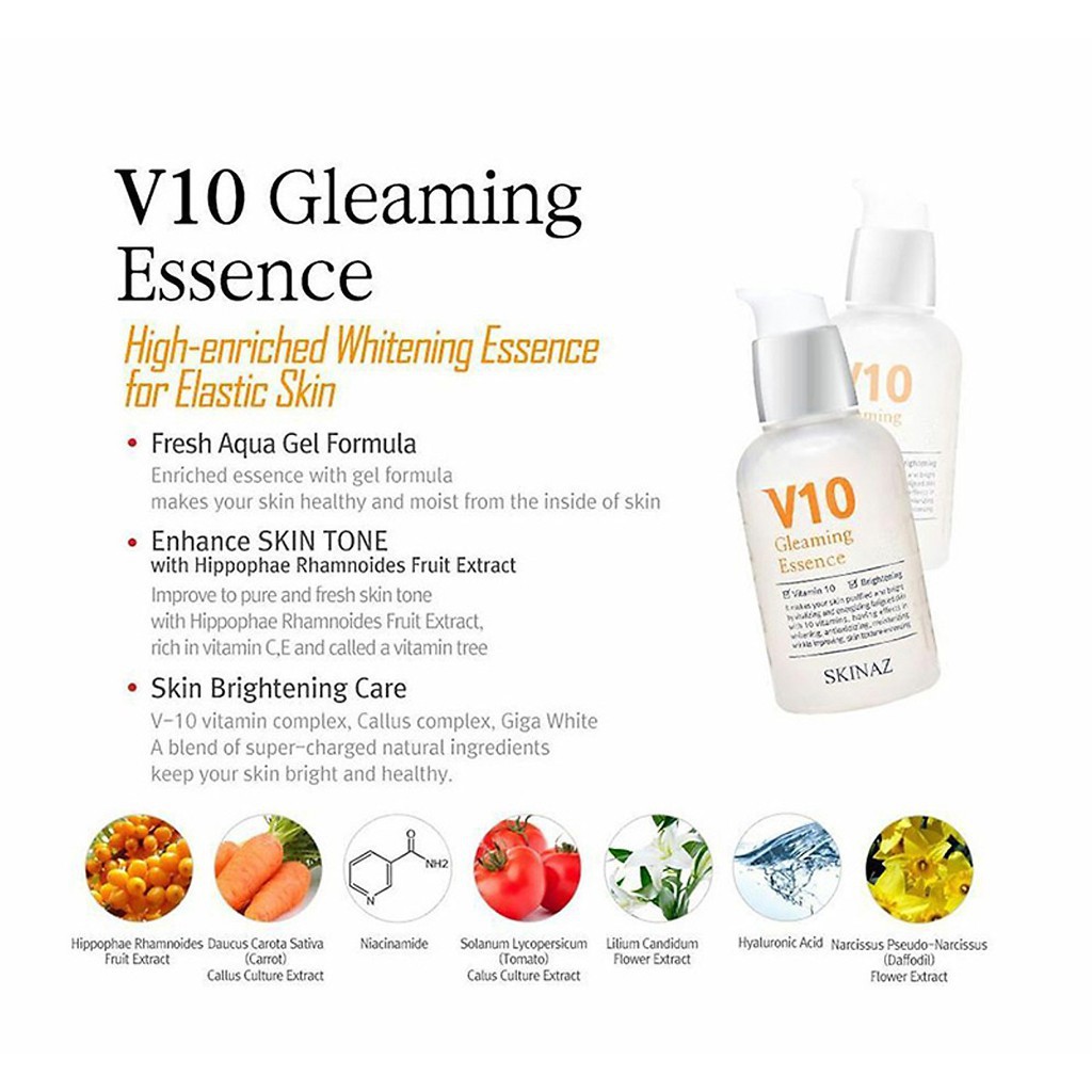 Tinh Chất  V10 Gleaming Essence Skinaz 50ml - Cải thiện da xỉn màu và nhược điểm của da bằng cách tái tạo l