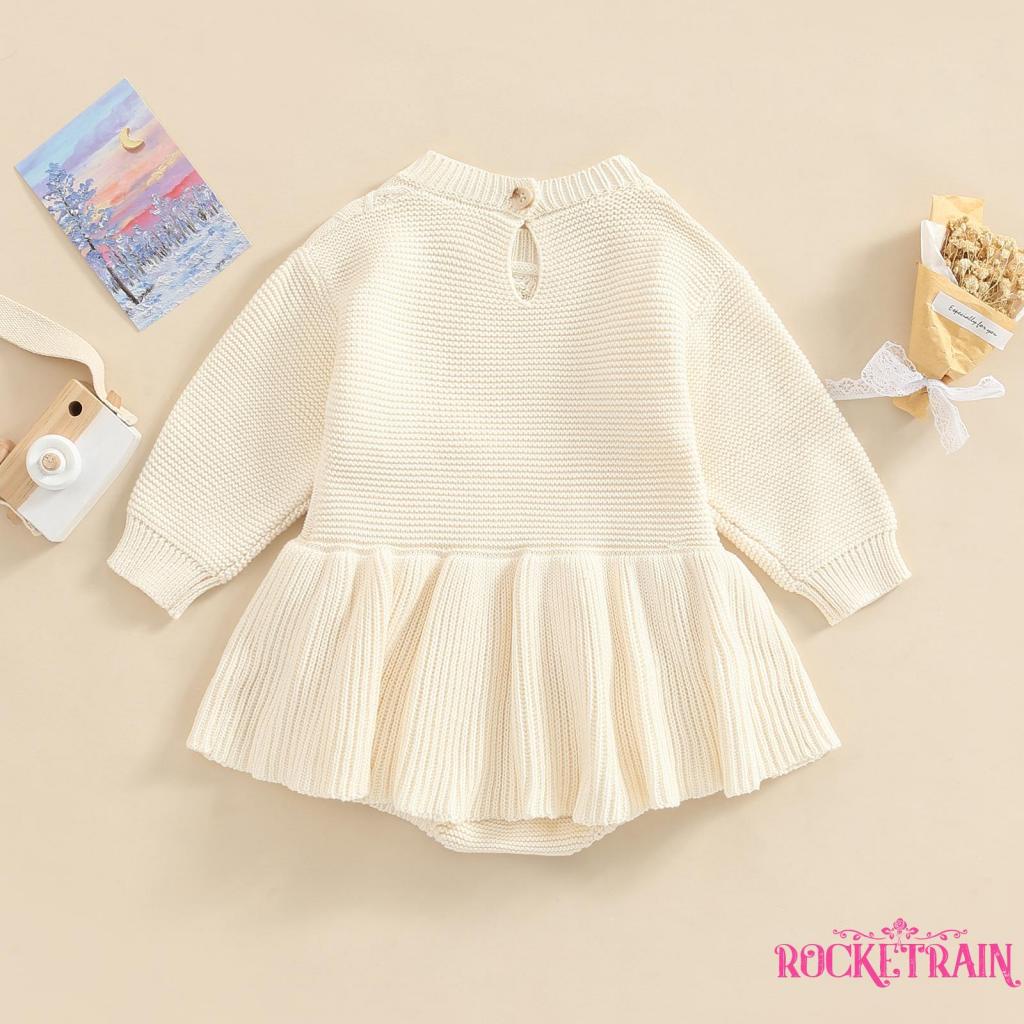 Áo Liền Quần Dệt Kim Tay Dài Cổ Tròn Màu Sắc Đơn Giản Cho Bé