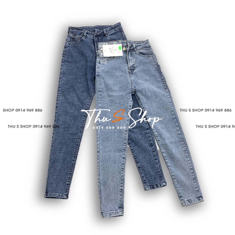 Quần Jean nữ lưng cao túi nắp lệch THUS, Jeans bò trơn co dãn cá tính Q2J03