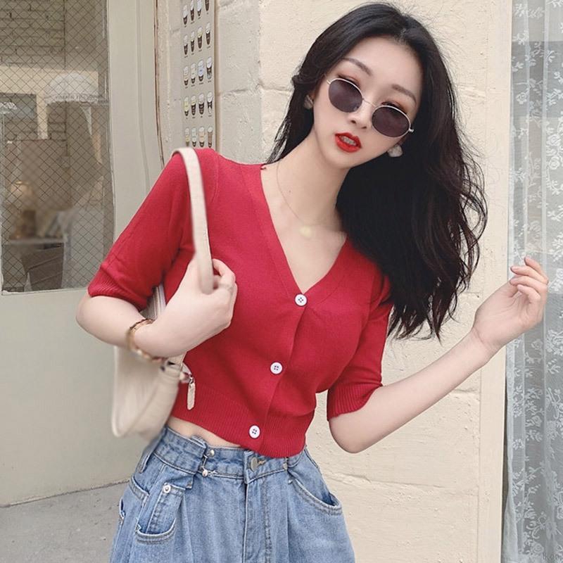 Women's Fashion V-neck Button Short Crop tops Exposed Navel Knitted Short Sleeved T-shirt Cardigan Tops