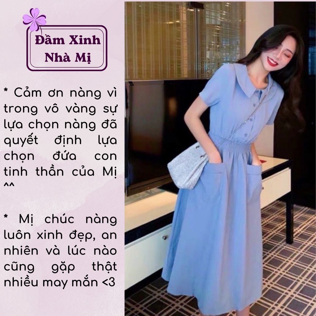 Đầm Nữ Đi Café Cổ Sen Tay Ngắn Bo Eo Thanh Lịch, Đầm Sơ Mi Nữ Form Dài Xòe Màu Cam Xanh