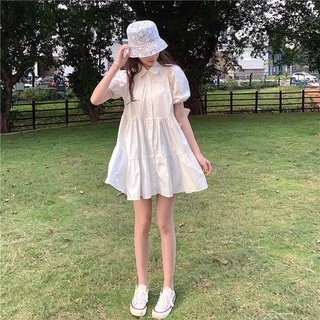 SUV008 Váy sơ mi babydoll trắng tay bồng có cúc dáng lỡ nữ sinh 2 tầng xòe đi học đi chơi dễ thương trẻ trung cute đẹp