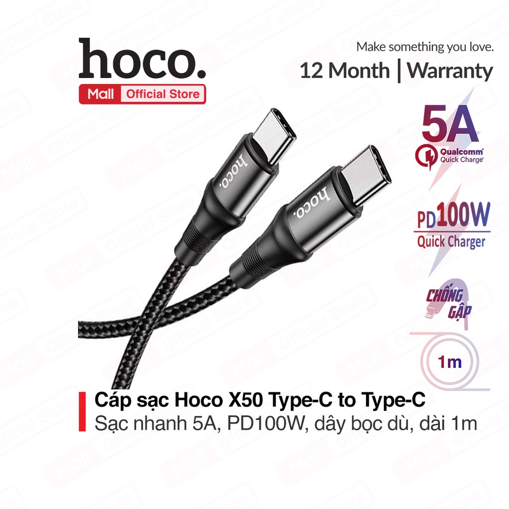 Cáp sạc nhanh HOCO X50 Type-C to Type-C, sạc nhanh 20V/5A, công suất 100W, dây bọc dù, đầu sạc chống gãy gập, dài 1m