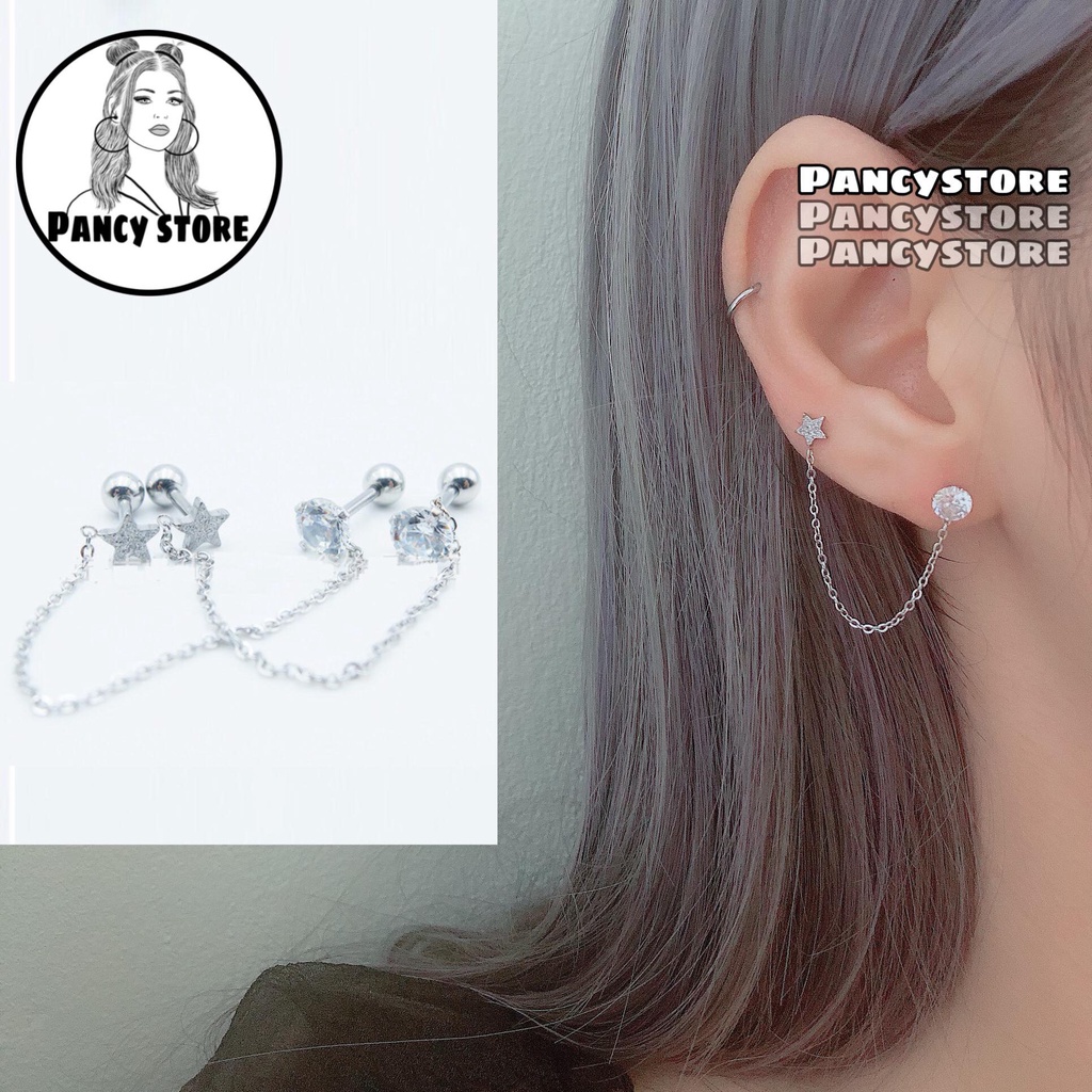 bông tai nam nữ ngôi sao kim tròn khuyên titan Unisex không gỉ