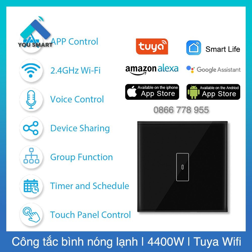 Công tắc 20A bình nóng lạnh Vuông Tuya công suất cao 4400W