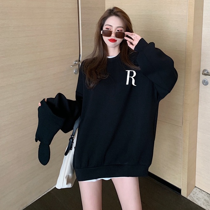 QADCOL Áo sweater dáng rộng in họa tiết chữ phong cách Hàn Quốc trẻ trung