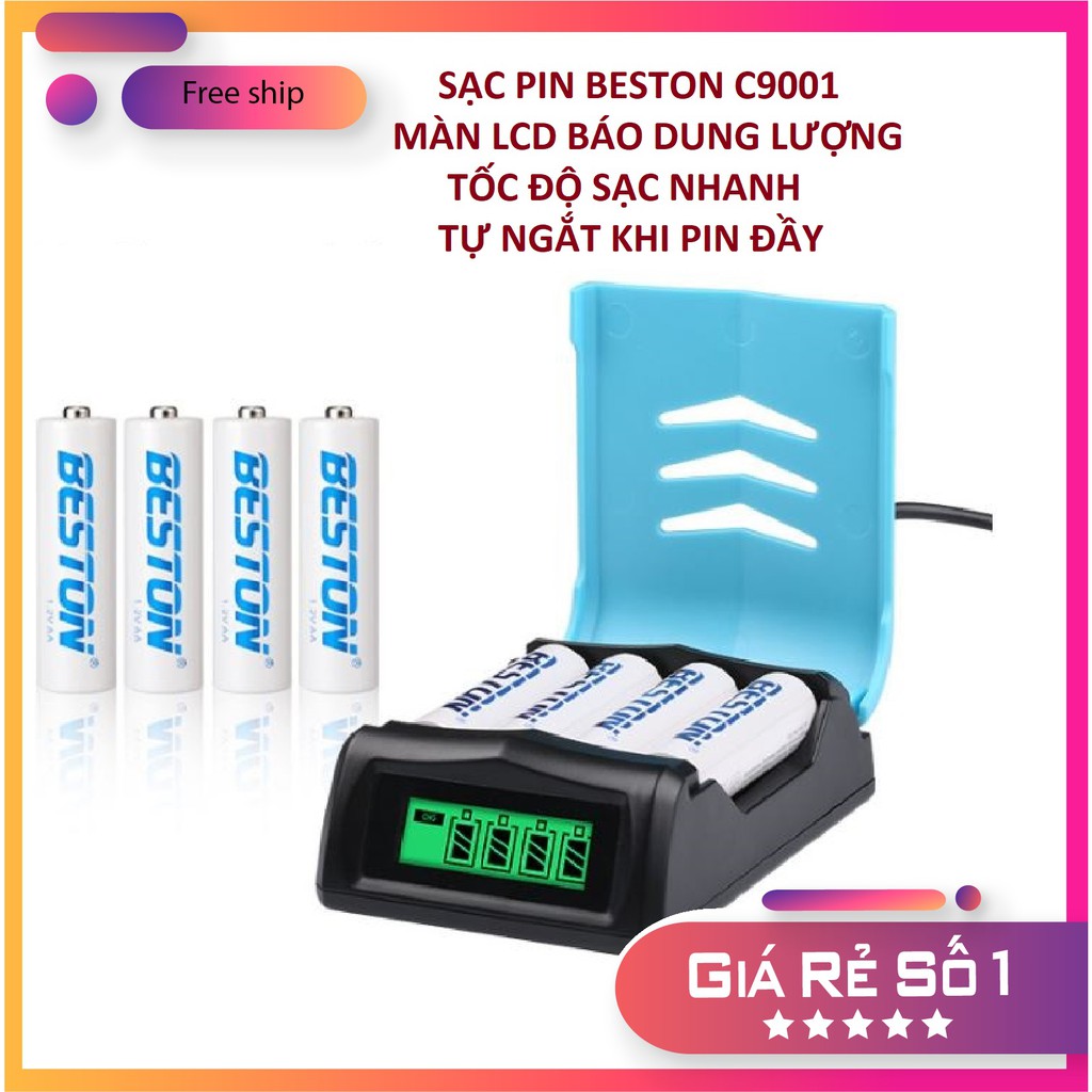 [Mã 2404EL10K giảm 10K đơn 20K] Bộ sạc pin AA/AAA Beston C9001 sạc nhanh có màn LCD báo dung lượng pin kèm pin sạc