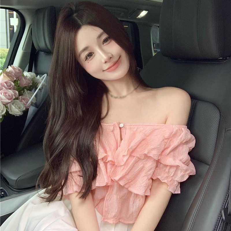Áo Chiffon Tay Ngắn Hở Vai Một Hàng Nút Màu Sắc Ngọt Ngào Cho Nữ