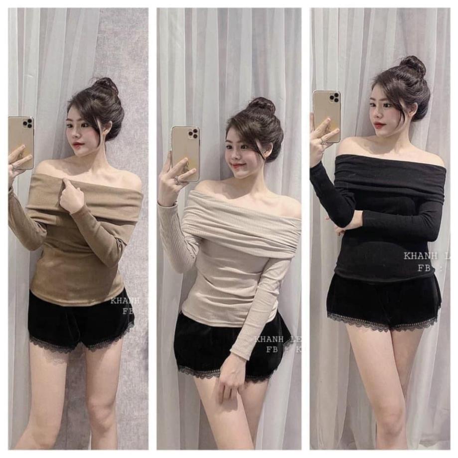 Áo trễ vai tay dài thun gân tôn dáng hot thu đông kèm ảnh thật cận chất