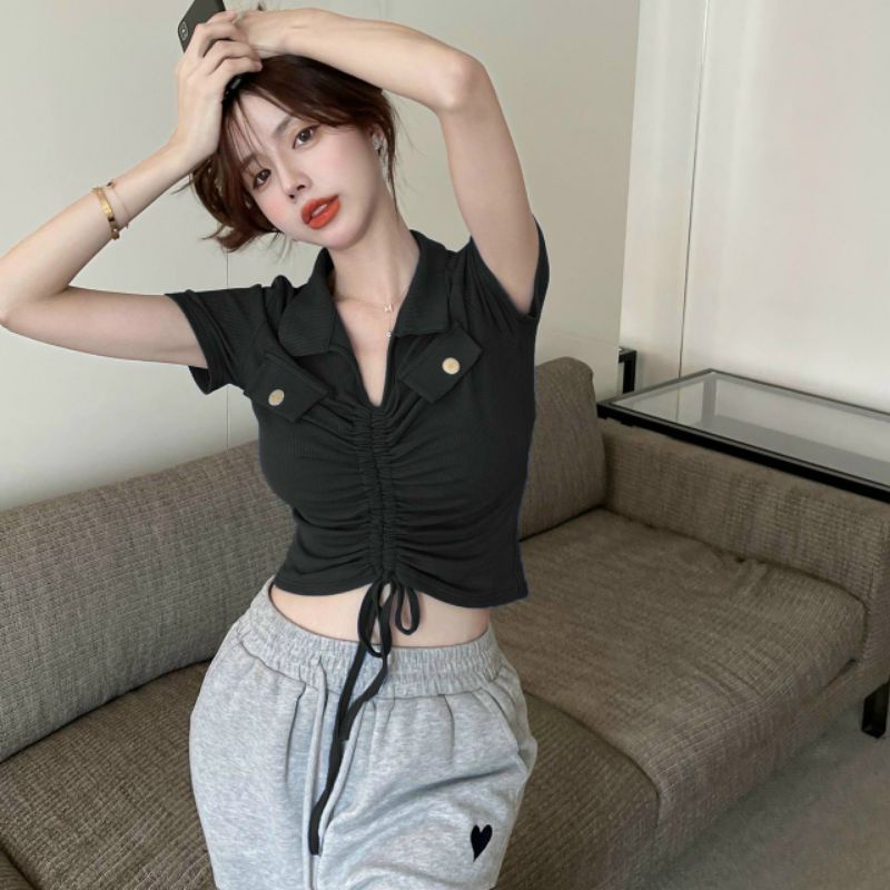 Áo thun cổ bẻ rút dây giữa phối kiểu 2 nắp A15 tay ngắn