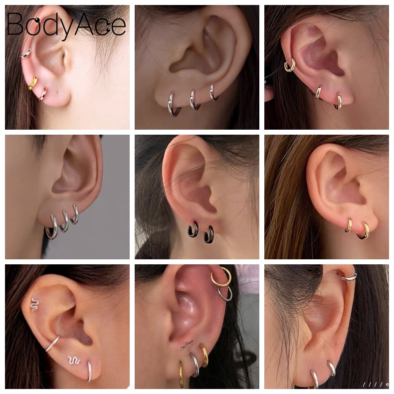 1 Đôi Khuyên Tai Tròn Màu Đen Bằng Thép Không Gỉ 6 / 8 / 10mm