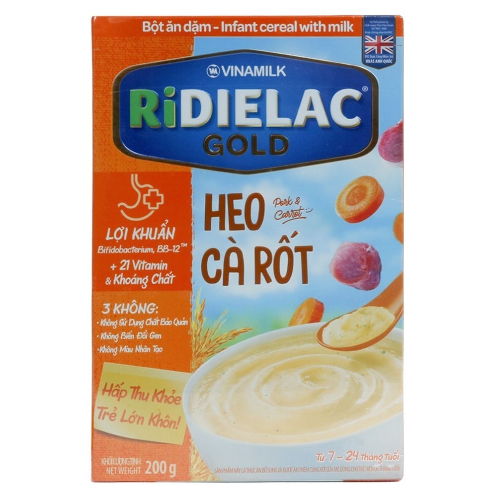 BỘT ĂN DẶM RIDIELAC GOLD HEO CÀ RỐT - HỘP GIẤY 200G