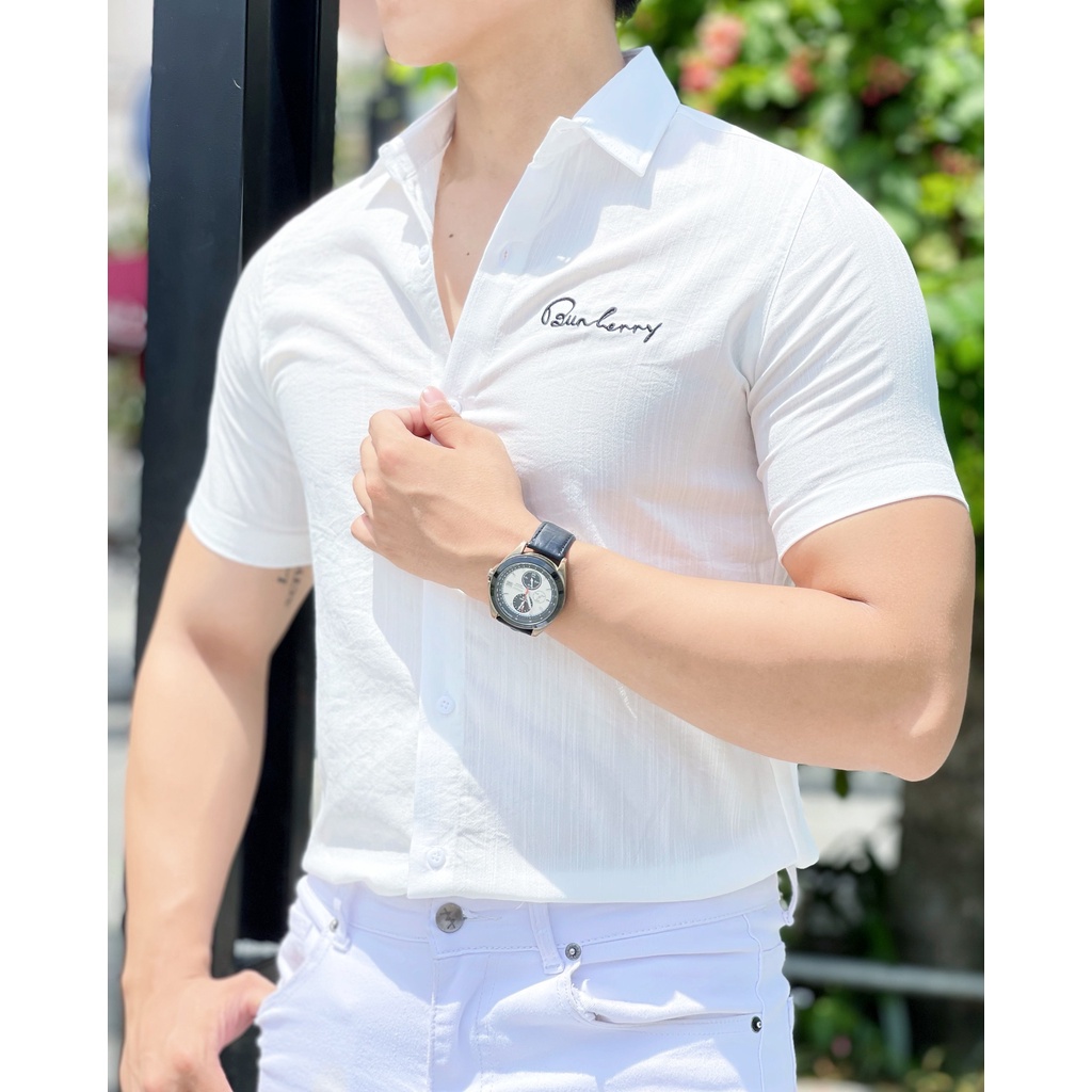 Áo Sơ Mi Nam Tay Ngắn Đũi Mềm Thêu Chữ HÀNG CHUẨN NHƯ HÌNH