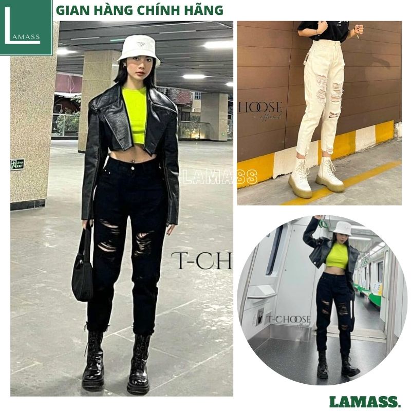 Quần jean nữ lưng cao rách nhiều 2 mầu đen trắng kiểu dáng hàn quốc trẻ chung năng động -LAMASS
