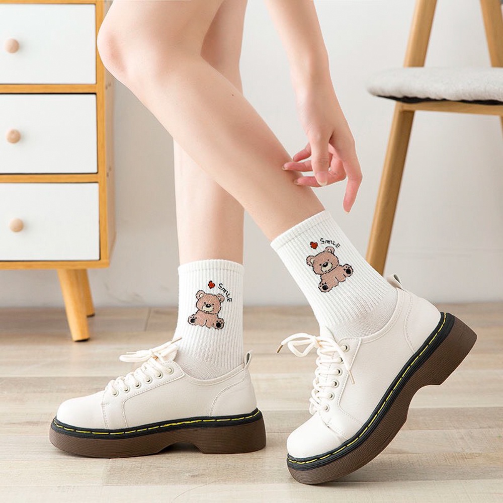 Tất vớ cổ cao set 5 đôi họa tiết dễ thương chất liệu cotton co giãn 4 chiều - Ekiu Shop