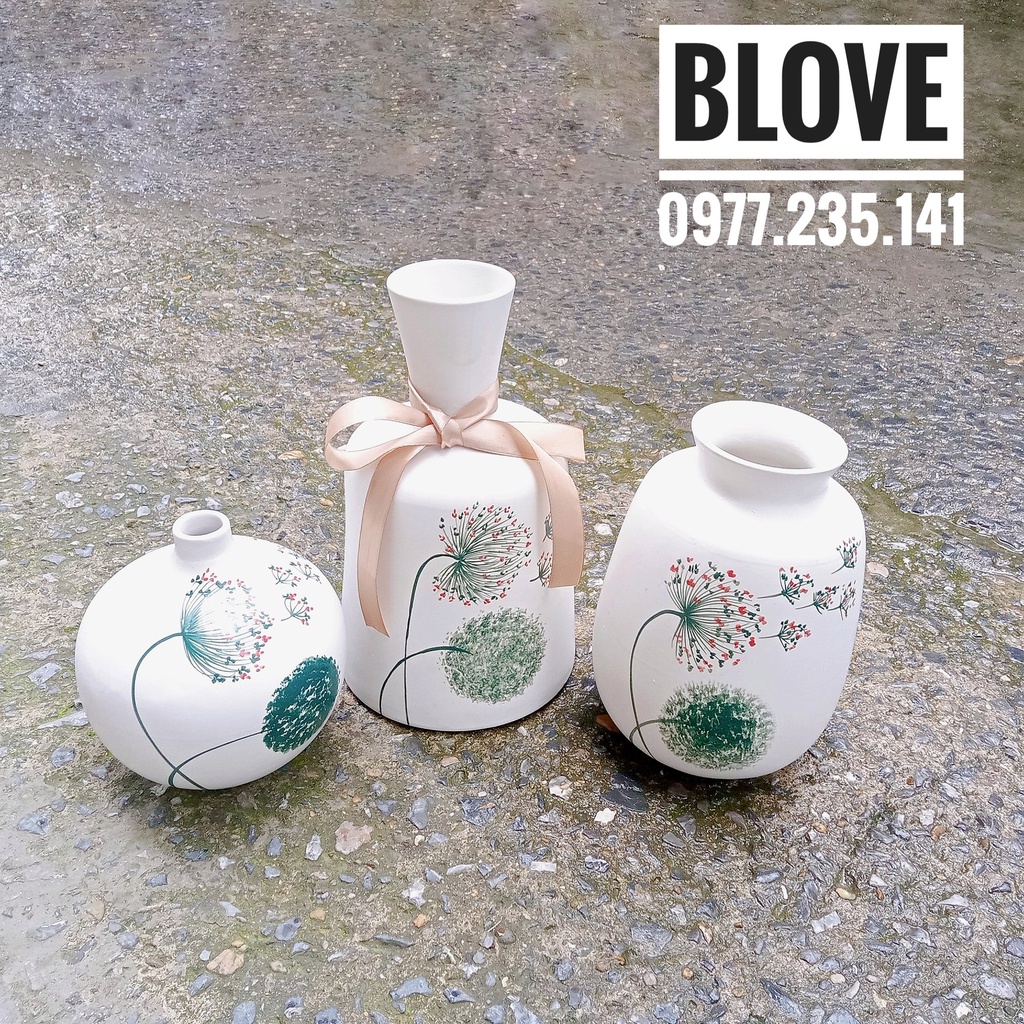 Quà tặng cao cấp, Bộ 3 Bình hoa bồ công anh,Gốm sứ bát tràng vẽ tay,Trang trí nhà cửa,decor,Quà tân gia, khai trương