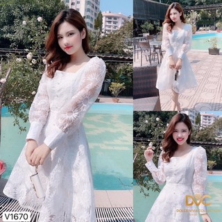 [VÁY ĐI TIỆC CƯỚI CAO CẤP] Váy xòe ren trắng cổ vuông
