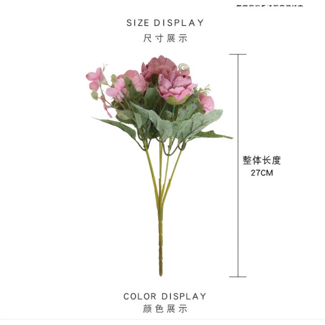 Hoa giả- Hoa lụa cao cấp trang trí nhà cửa [ 1 cành 6 bông cao 27cm mô phỏng mẫu đơn nhỏ]