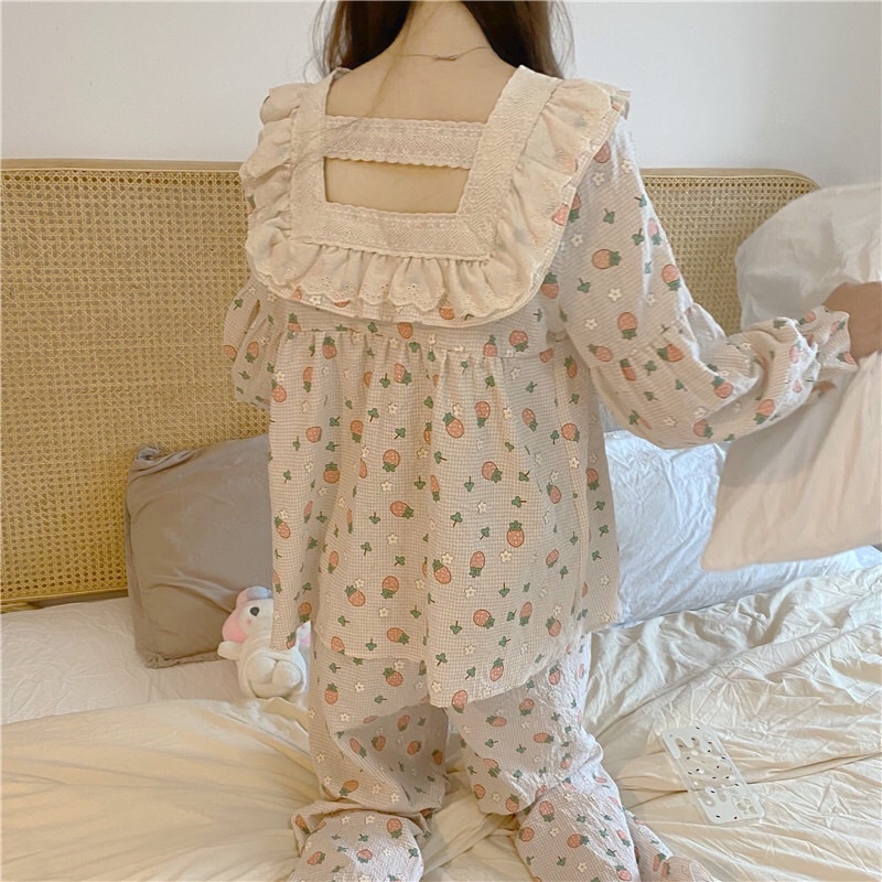 BN22_ Đồ Ngủ, Đồ Bộ Nữ Mặc Nhà Tiểu Thư Dài Tay Phối Bèo Nơ Quảng Châu