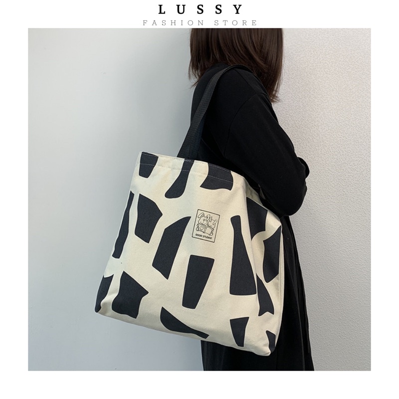 Túi tote túi vải canvas nữ, túi vải đeo vai đi học, đi chơi hoạ tiết bò sữa phong cách Hàn Quốc