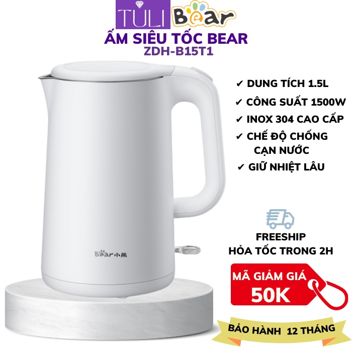 Ấm Siêu Tốc, Bình Đun Nước Siêu Tốc 1.5 lít Bear ZDH-B15T1, Công Suất 1500W, Đun Nước Siêu Nhanh, Sang Trong, BH 18 th