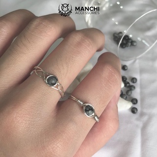 Nhẫn đá Snowflake Obsidian handmade dây màu bạc