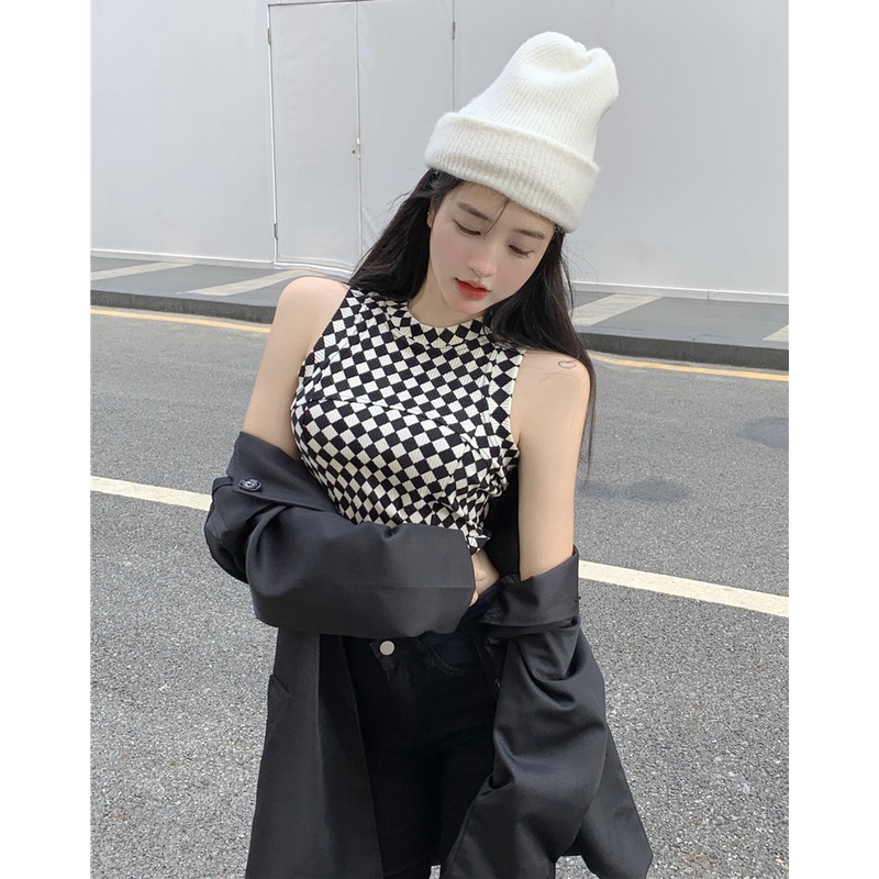 QKOOLE  Áo Croptop Sát Nách Hoạ Tiết Kẻ Caro Phong Cách Hàn Quốc Quyến Rũ