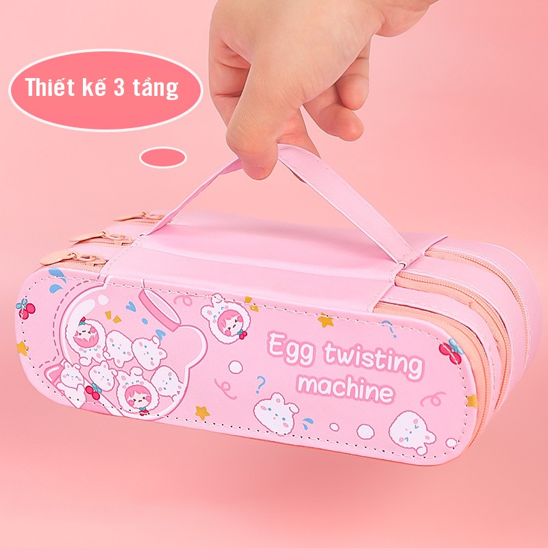 Hộp bút da đẹp 3 tầng đa năng hình cô gái- túi đựng mỹ phẩm cute, Bóp viết dễ thương HBD61