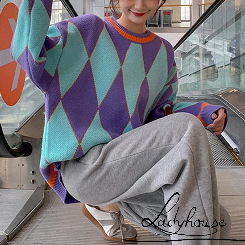 Áo Sweater Dệt Kim Cổ Tròn Tay Dài Dáng Rộng In Họa Tiết Hình Học Cho Nữ