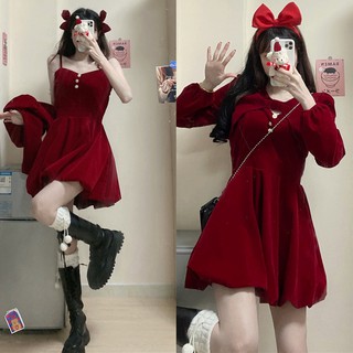 Set đầm 2 dây noel giáng sinh váy xòe vải nhung tết đỏ xuân+áo khoác choàng tay dài ulzzang ( 2 màu ) có big size
