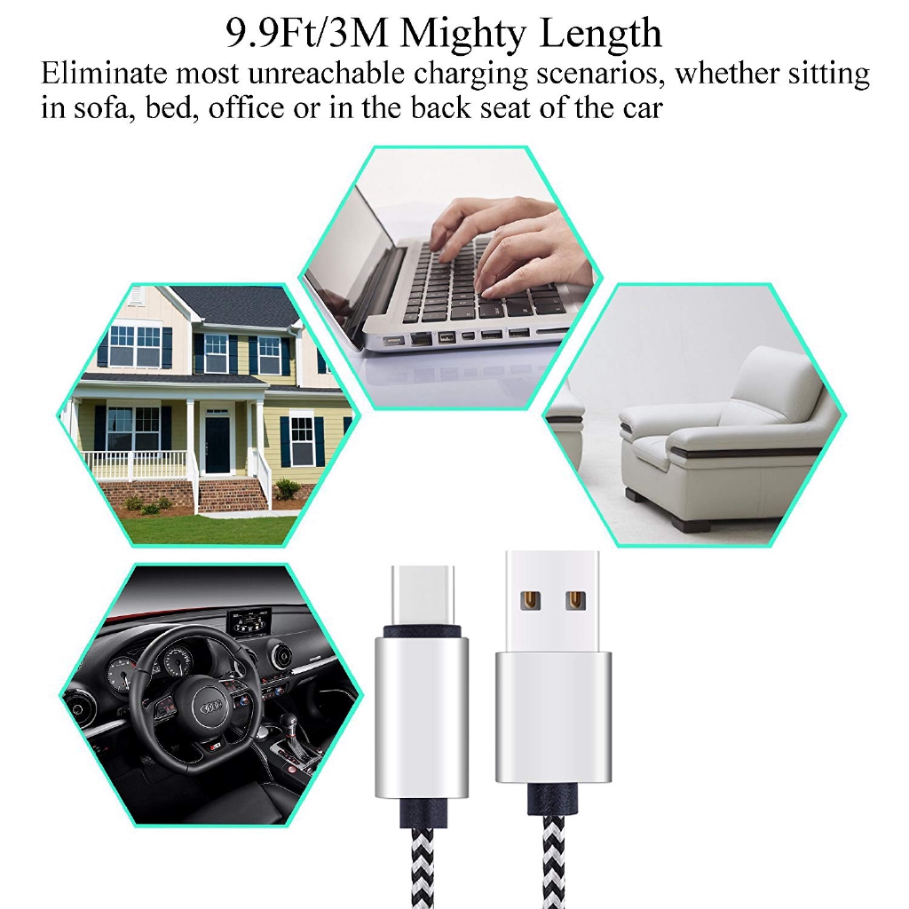 Dây cáp sạc dữ liệu USB loại C dài 3m dành cho điện thoại For  Huawei Samsung Xiaomi