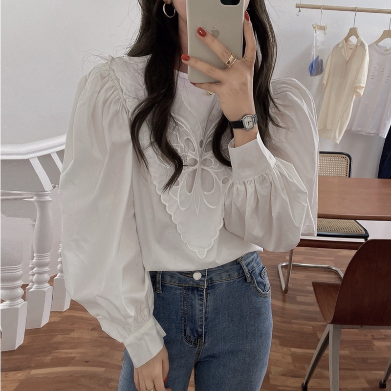 Áo sơ mi trắng kiểu cổ ren tay bồng tiểu thư phong cách Hàn Quốc ulzzang