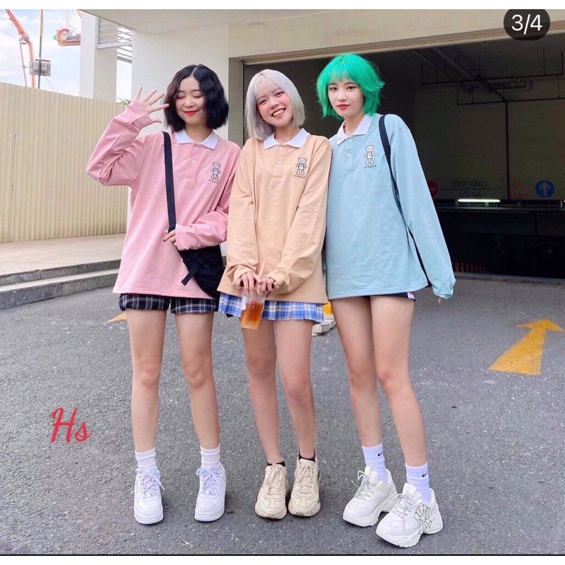 áo nỉ polo cổ bẻ dài tay lô gô chú gấu