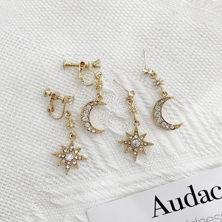 Khuyên tai kẹp không bấm lỗ chốt điều chỉnh K021 bằng hợp kim mạ vàng hình mặt trăng ngôi sao đính đá dáng dài Leous