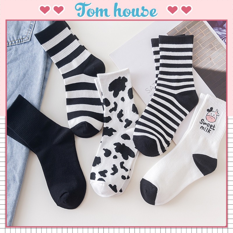 Tất vớ nữ ngắn cổ set 5 đôi họa tiết bò sữa cute dễ thương phong cách Hàn Quốc Tom House