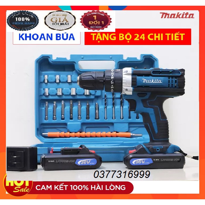 Máy khoan pin 36V Makita 3 chức năng có búa - Tặng kèm 24 chi tiết gồm các mũi khoan + Mũi bắt vít