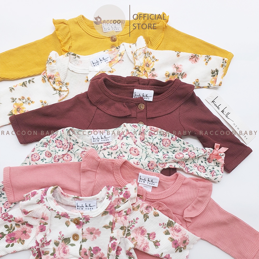 Bộ đồ liền thân tay dài hoa chất gân tổ ong bodysuit body chip bé gái xuất Pháp Hicole Hiller