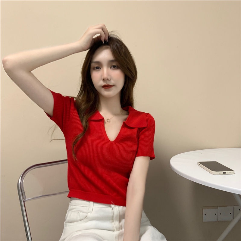 Áo dệt kim BH tay ngắn cổ chữ V thời trang mùa hè xinh xắn cho nữ