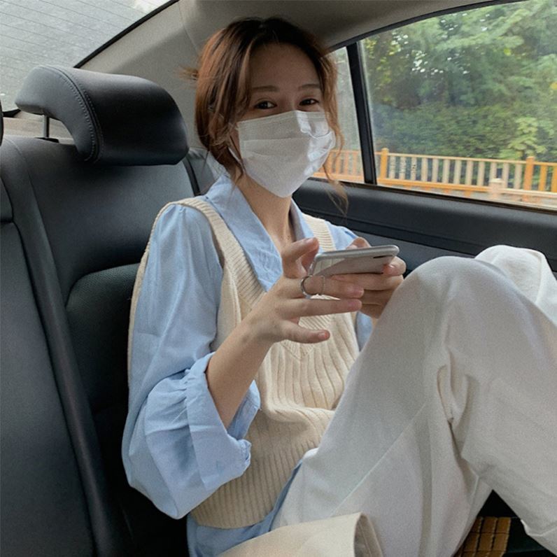 Set áo sơ mi dài tay cổ bẻ + áo len không tay thời trang nữ