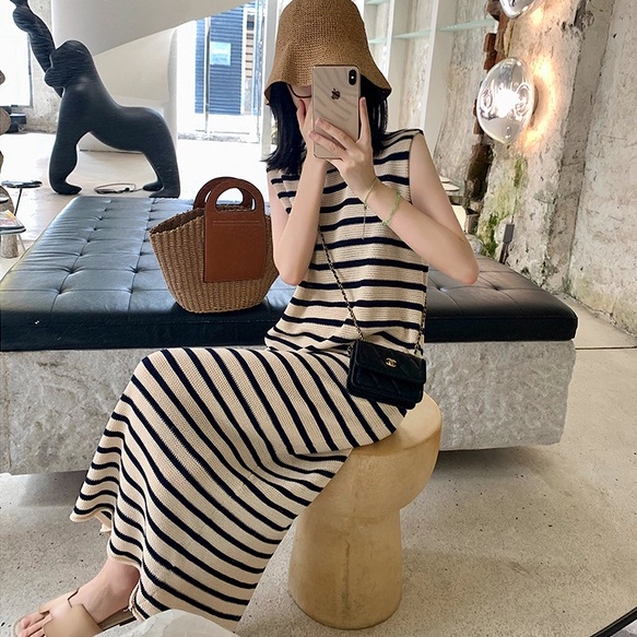 Đầm ZHELIHANGFEI dệt kim sát nách dáng dài kẻ sọc cá tính thời trang xinh xắn cho nữ