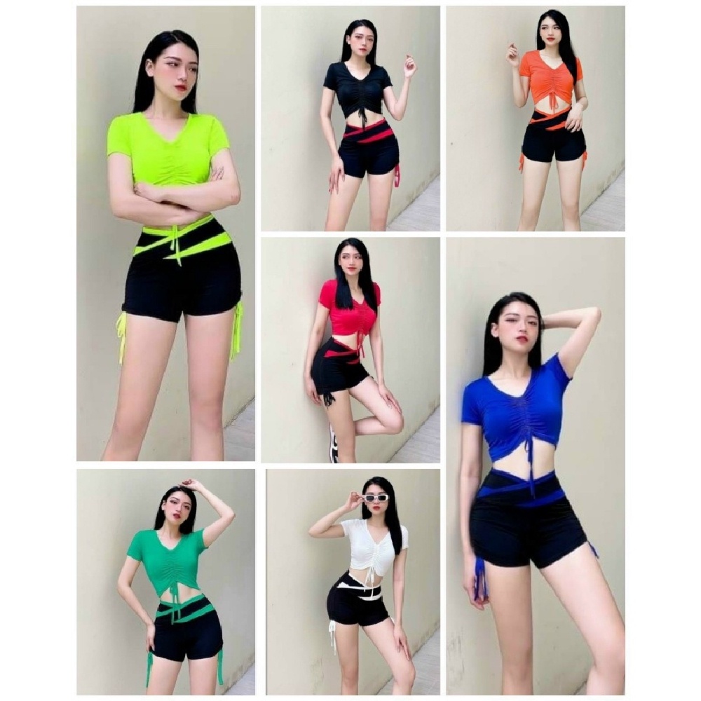 Set bộ áo croptop quần đùi rút dây siêu xinh (đồ tập gym-yoga nữ)