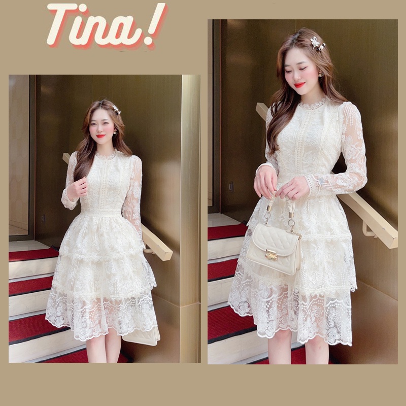 Váy Trắng Thiết Kế Ren Tiểu Thư Sang Chảnh Chân Váy Xếp Tầng