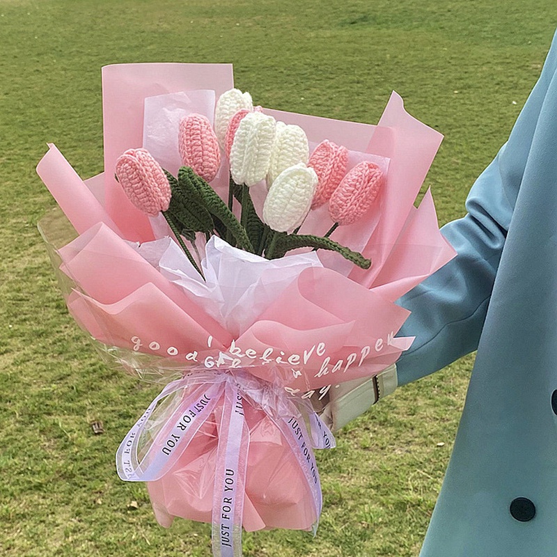 Bó Hoa Tulip Đan Len Thủ Công Lãng Mạn Dùng Làm Quà Tặng Valentine