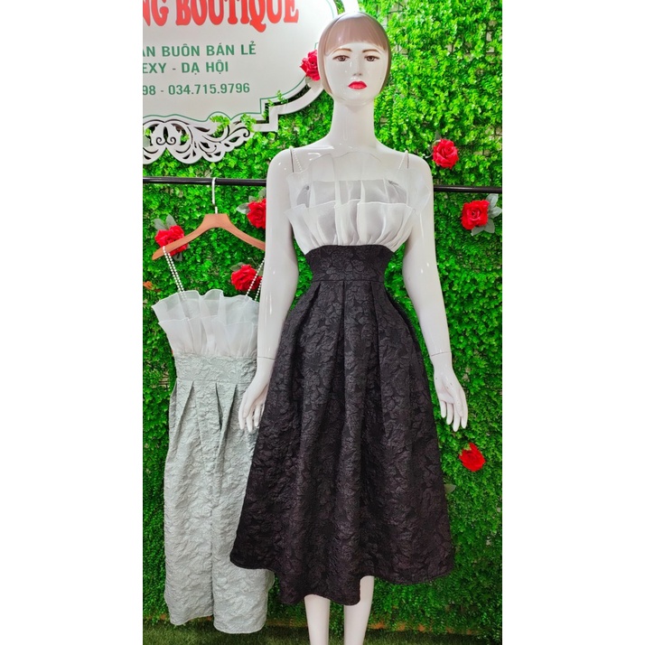 Đầm xốp hàn vân hoa ly 3D phối 2 dây dáng dài sang chảnh. Váy đẹp dự tiệc . | BigBuy360 - bigbuy360.vn