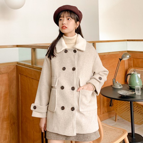 ❣Áo khoác dạ nữ 2 lớp ulzzang dáng lửng ngắn chất dày dặn, cổ sen phối lông trắng hàng cúc