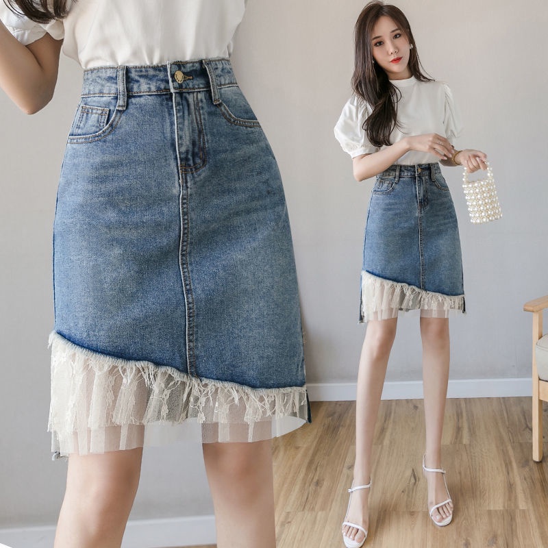 Chân Váy Denim Chữ a Lưng Cao Phối Ren Phong Cách Hàn Quốc Dễ Phối Đồ Thời Trang Cho Nữ
