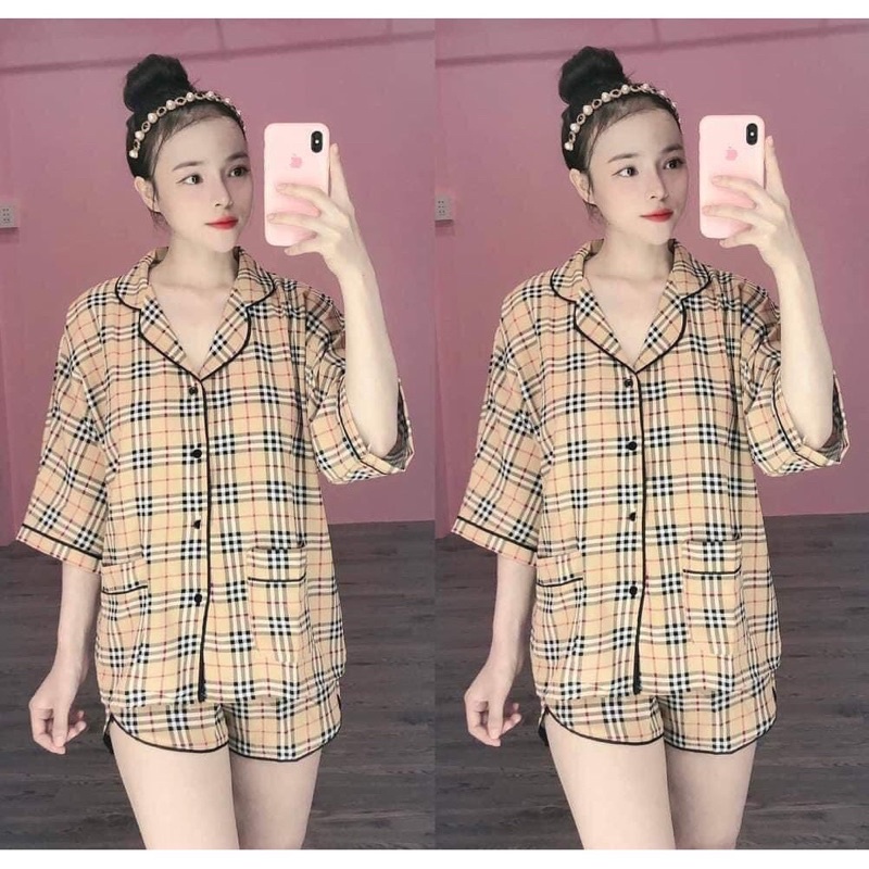 Bộ Pijama cánh dơi đùi Lụa Mango cao cấp, kẻ sọc Burberry _Mã 116