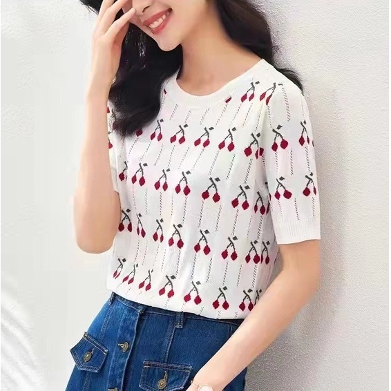 【ZHELIHANGFEI】 / Áo Thun Dệt Kim Tay Ngắn Khoét Rỗng