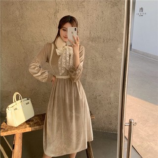 (order) SET VÁY NHUNG PHỐI VIỀN REN + CHOÀNG CỔ LÔNG